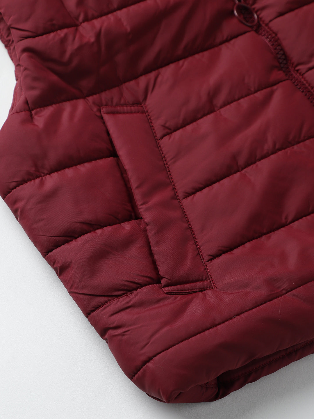 Beatnik Casual Wear Stand Collar Sleeveless Quilting Hip Length Maroon Jacket Beatnik India