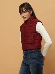 Beatnik Casual Wear Stand Collar Sleeveless Quilting Hip Length Maroon Jacket Beatnik India