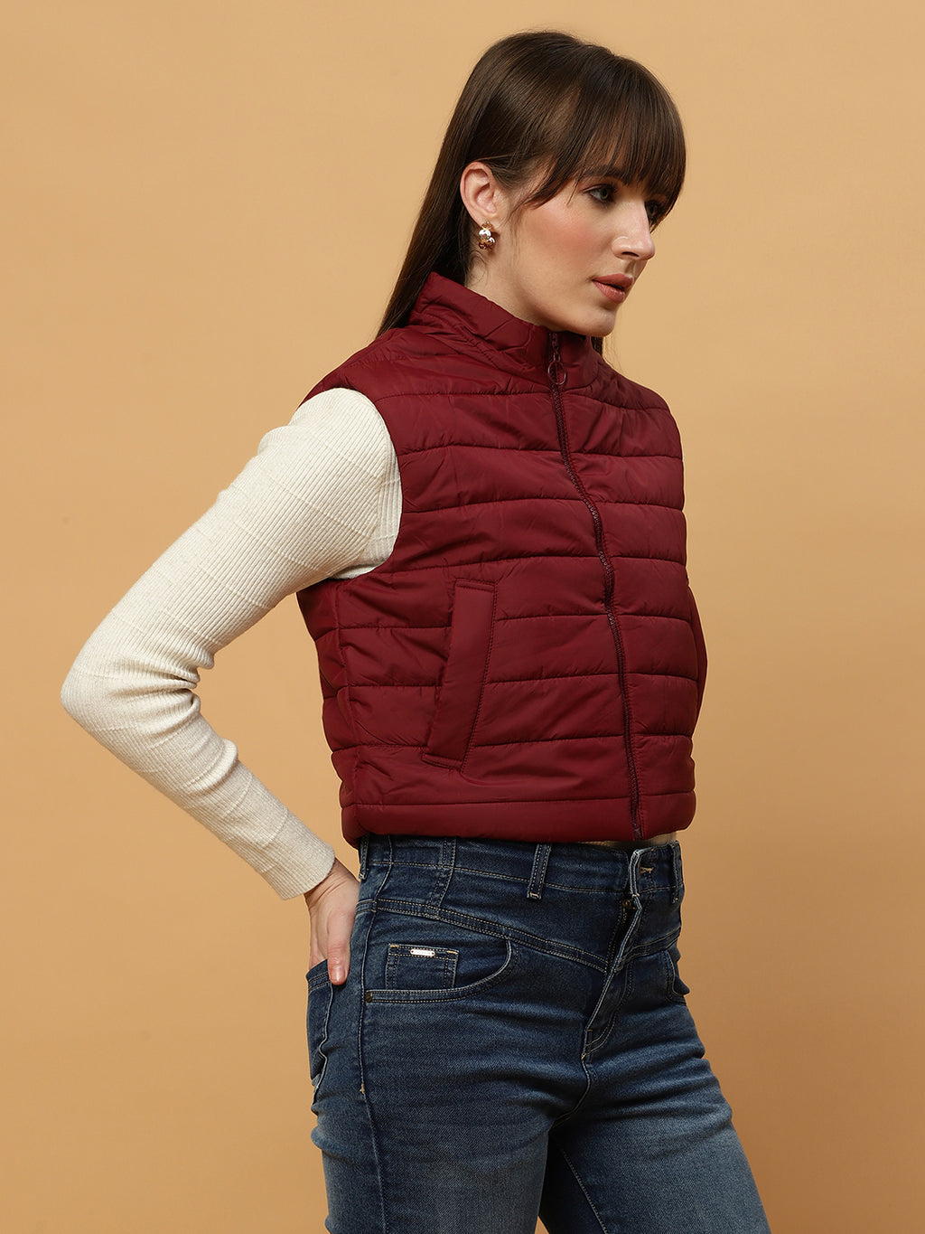 Beatnik Casual Wear Stand Collar Sleeveless Quilting Hip Length Maroon Jacket Beatnik India