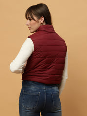 Beatnik Casual Wear Stand Collar Sleeveless Quilting Hip Length Maroon Jacket Beatnik India
