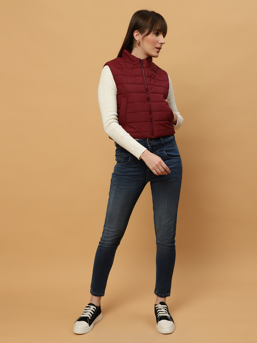 Beatnik Casual Wear Stand Collar Sleeveless Quilting Hip Length Maroon Jacket Beatnik India
