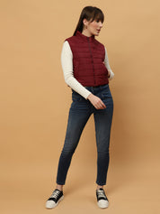 Beatnik Casual Wear Stand Collar Sleeveless Quilting Hip Length Maroon Jacket Beatnik India