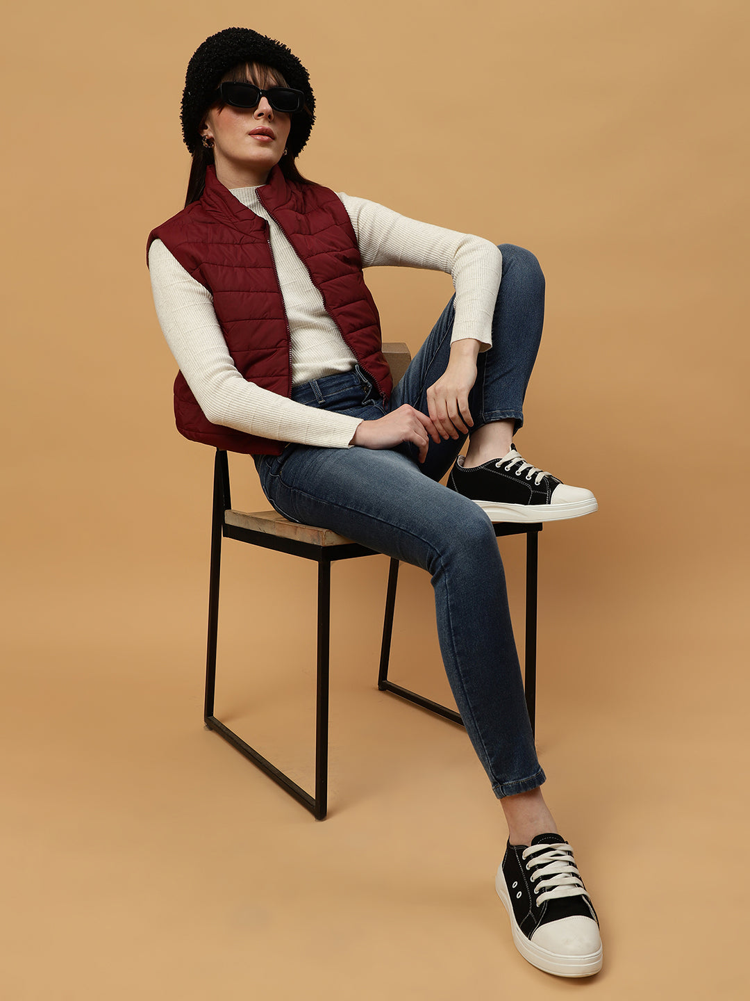 Beatnik Casual Wear Stand Collar Sleeveless Quilting Hip Length Maroon Jacket Beatnik India