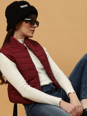 Beatnik Casual Wear Stand Collar Sleeveless Quilting Hip Length Maroon Jacket Beatnik India