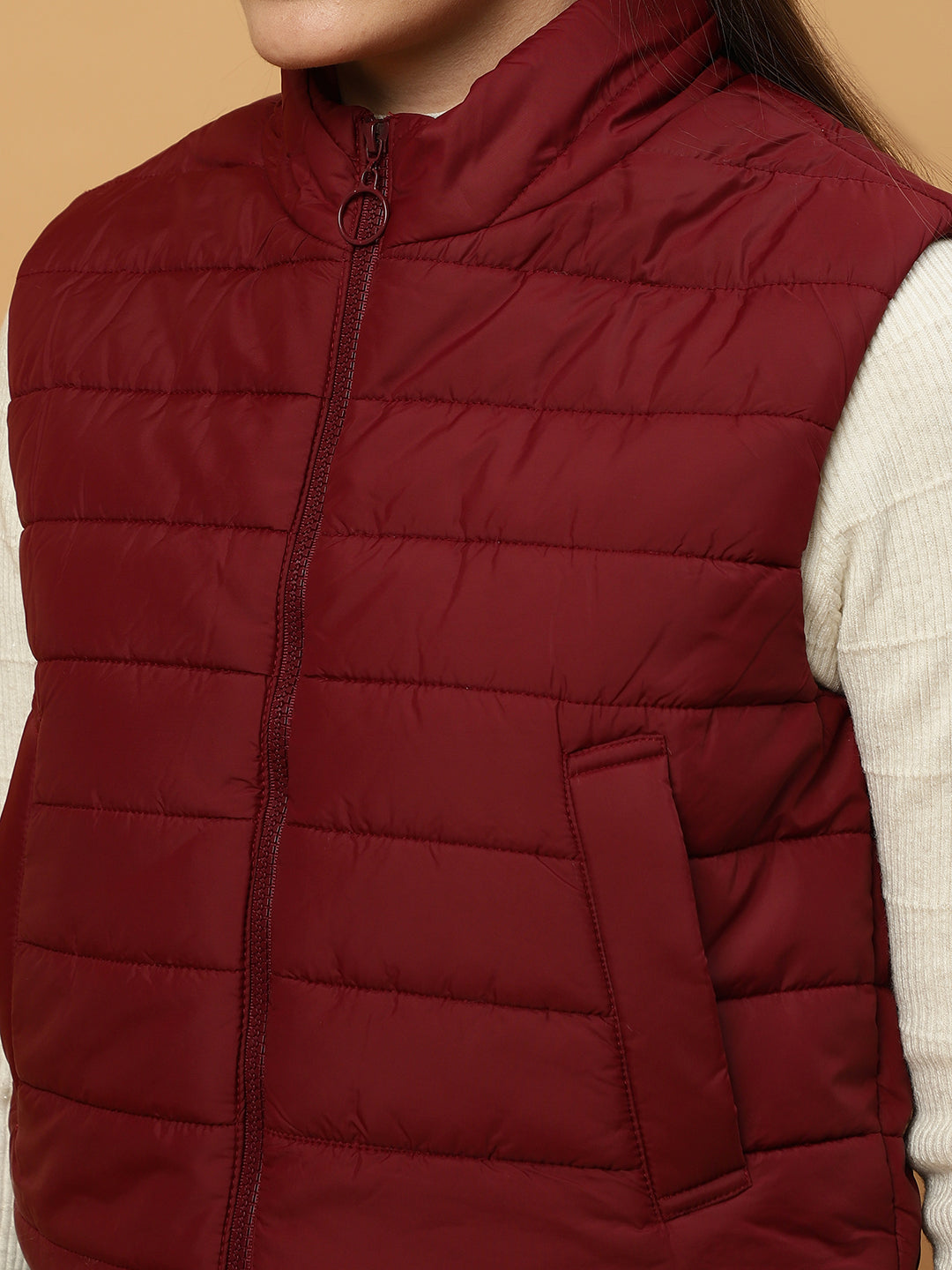Beatnik Casual Wear Stand Collar Sleeveless Quilting Hip Length Maroon Jacket Beatnik India
