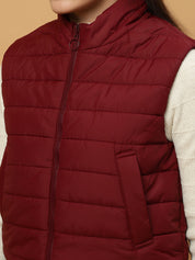 Beatnik Casual Wear Stand Collar Sleeveless Quilting Hip Length Maroon Jacket Beatnik India