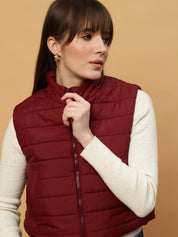 Beatnik Casual Wear Stand Collar Sleeveless Quilting Hip Length Maroon Jacket Beatnik India
