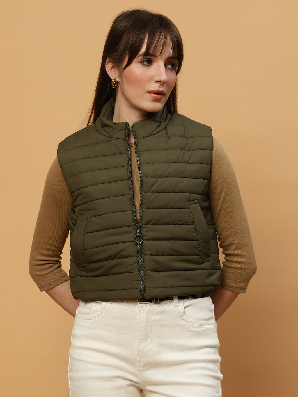 Beatnik Casual Wear Stand Collar Sleeveless Quilting Hip Length Olive Green Jacket Beatnik India