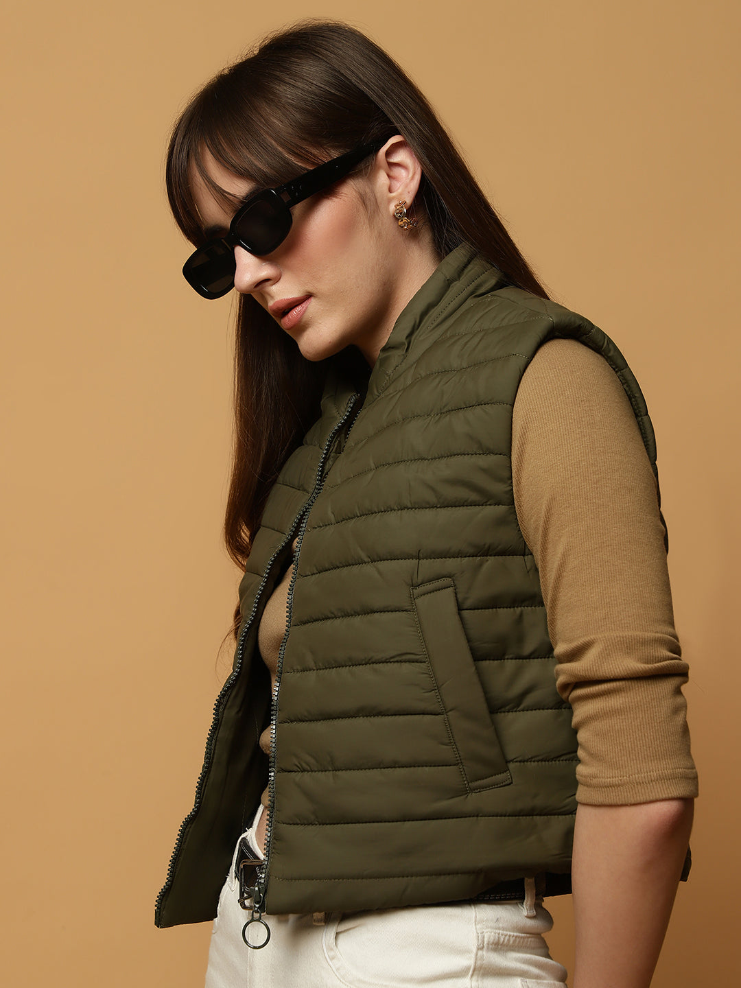 Beatnik Casual Wear Stand Collar Sleeveless Quilting Hip Length Olive Green Jacket Beatnik India
