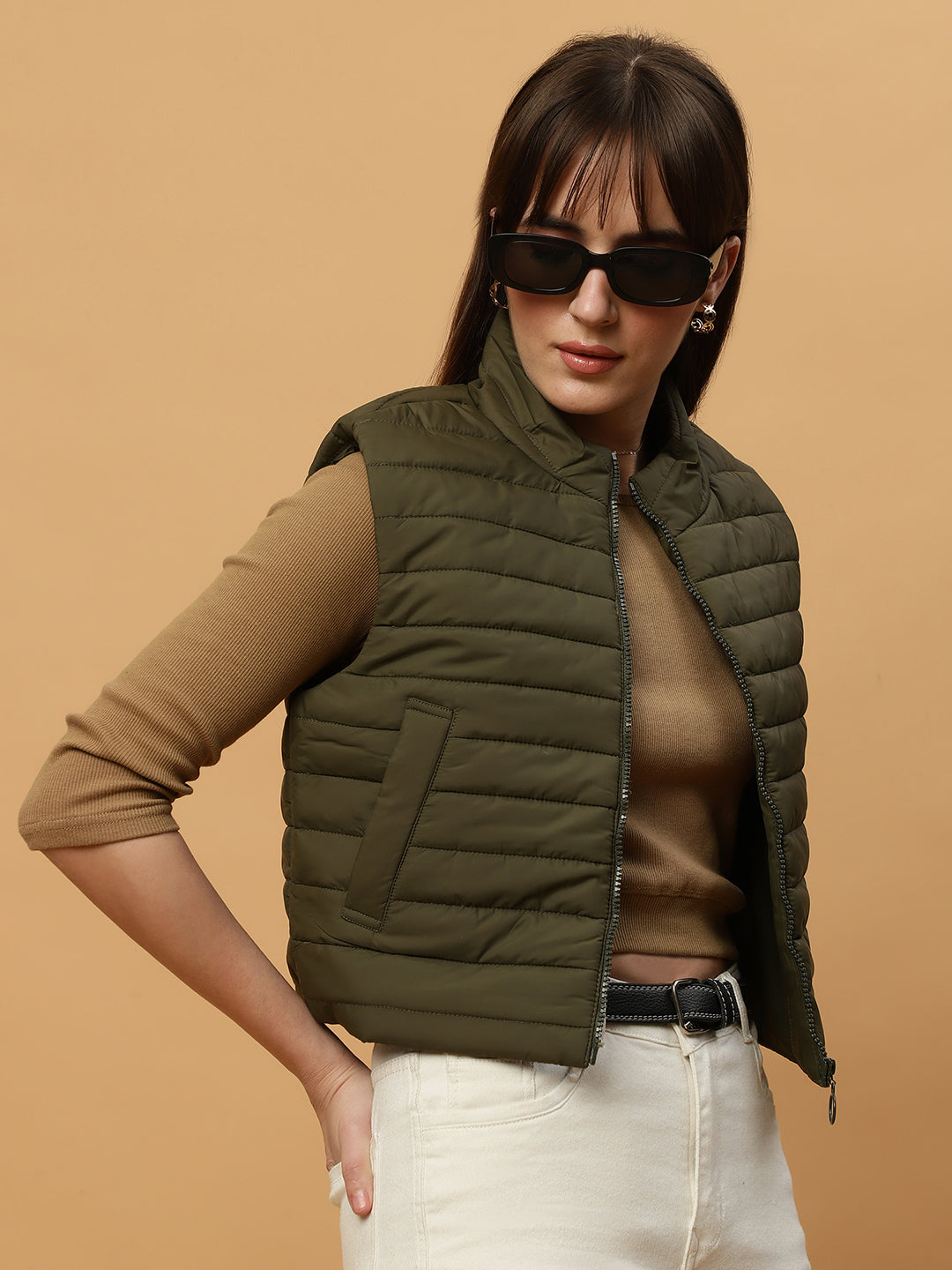 Beatnik Casual Wear Stand Collar Sleeveless Quilting Hip Length Olive Green Jacket Beatnik India