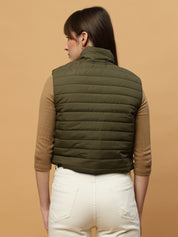 Beatnik Casual Wear Stand Collar Sleeveless Quilting Hip Length Olive Green Jacket Beatnik India