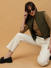 Beatnik Casual Wear Stand Collar Sleeveless Quilting Hip Length Olive Green Jacket Beatnik India