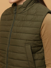Beatnik Casual Wear Stand Collar Sleeveless Quilting Hip Length Olive Green Jacket Beatnik India