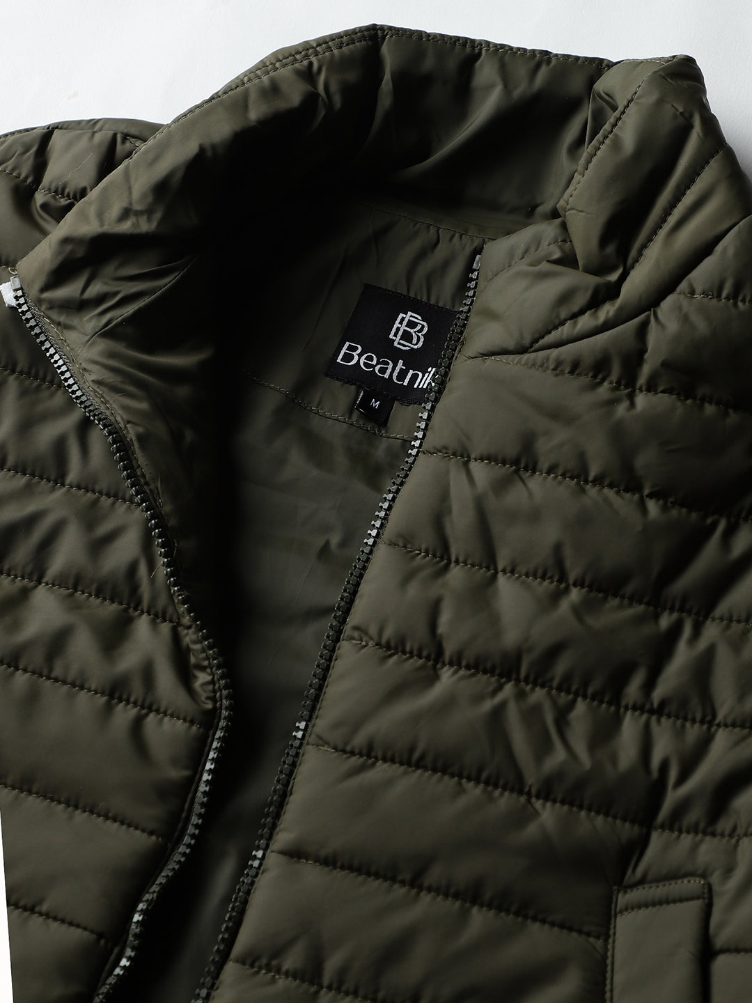 Beatnik Casual Wear Stand Collar Sleeveless Quilting Hip Length Olive Green Jacket Beatnik India