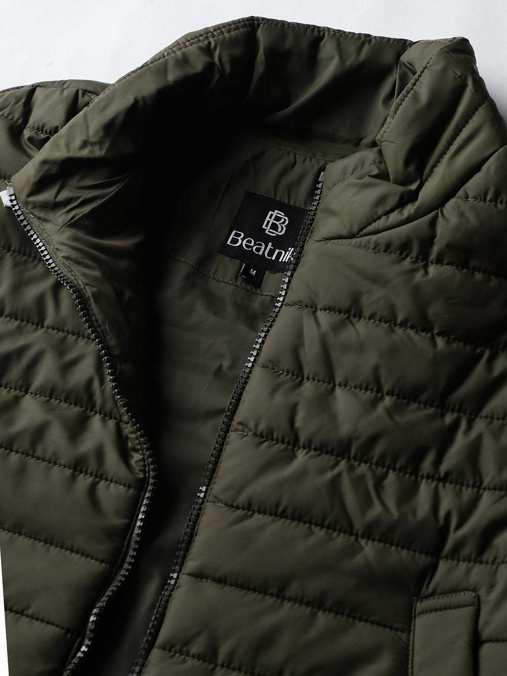 Beatnik Casual Wear Stand Collar Sleeveless Quilting Hip Length Olive Green Jacket Beatnik India
