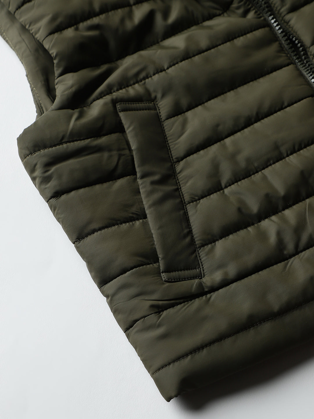 Beatnik Casual Wear Stand Collar Sleeveless Quilting Hip Length Olive Green Jacket Beatnik India
