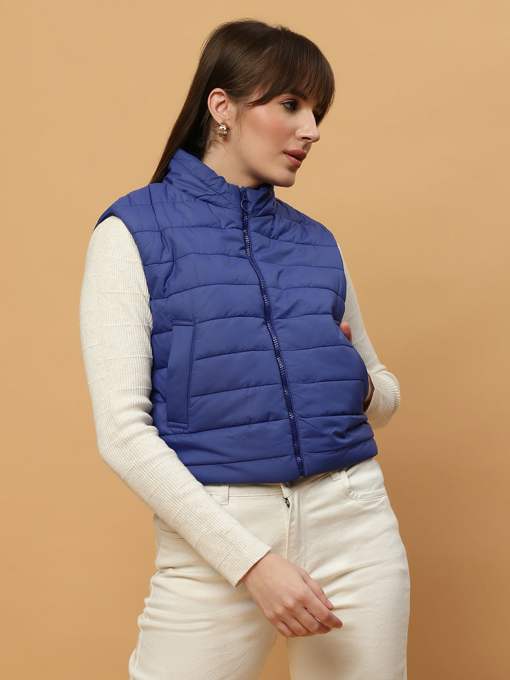 Beatnik Casual Wear Stand Collar Sleeveless Quilting Hip Length Royal Blue Jacket Beatnik India