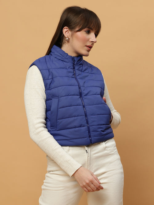 Beatnik Casual Wear Stand Collar Sleeveless Quilting Hip Length Royal Blue Jacket Beatnik India