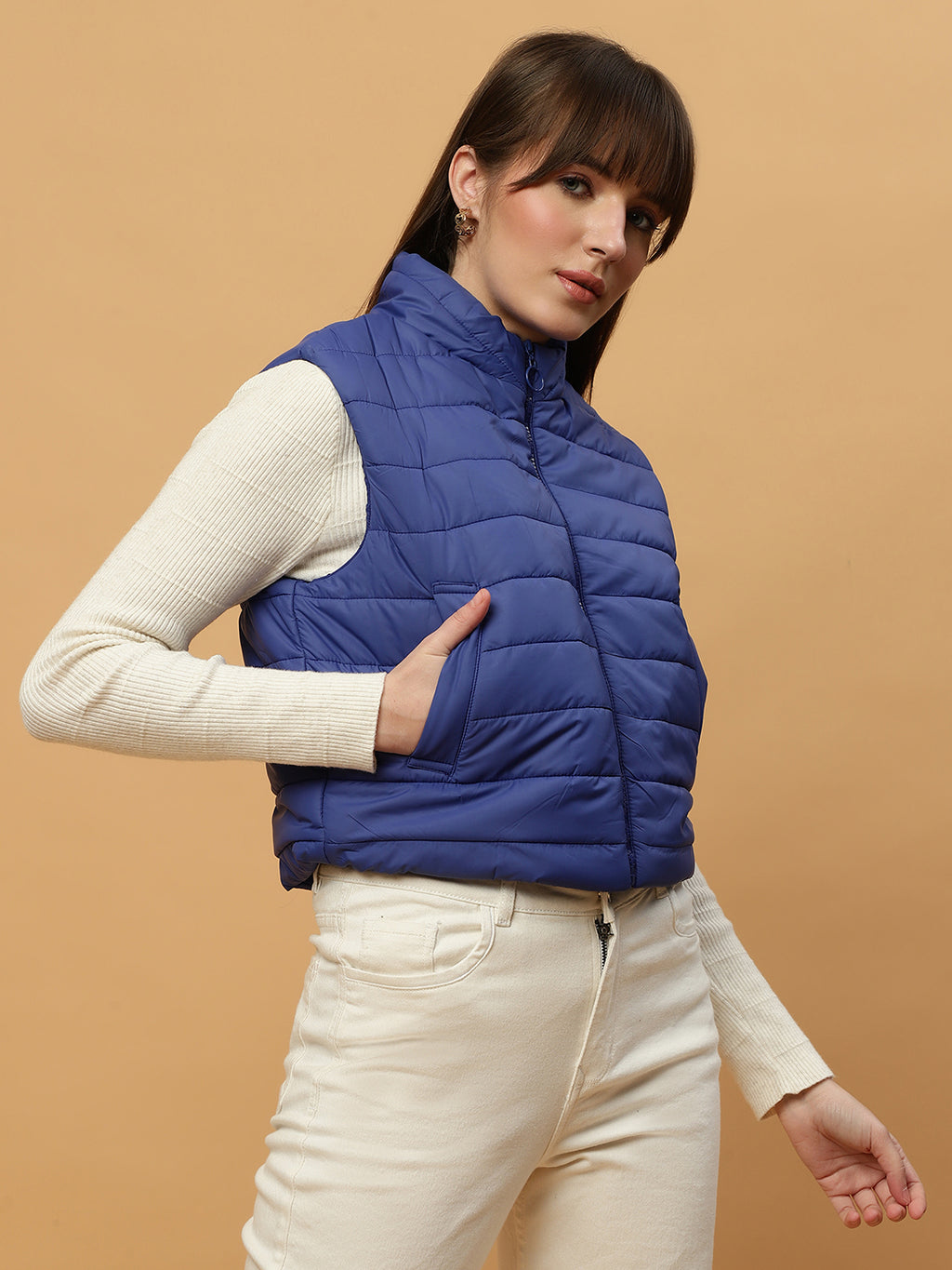 Beatnik Casual Wear Stand Collar Sleeveless Quilting Hip Length Royal Blue Jacket Beatnik India