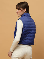 Beatnik Casual Wear Stand Collar Sleeveless Quilting Hip Length Royal Blue Jacket Beatnik India