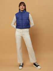 Beatnik Casual Wear Stand Collar Sleeveless Quilting Hip Length Royal Blue Jacket Beatnik India