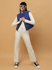 Beatnik Casual Wear Stand Collar Sleeveless Quilting Hip Length Royal Blue Jacket Beatnik India