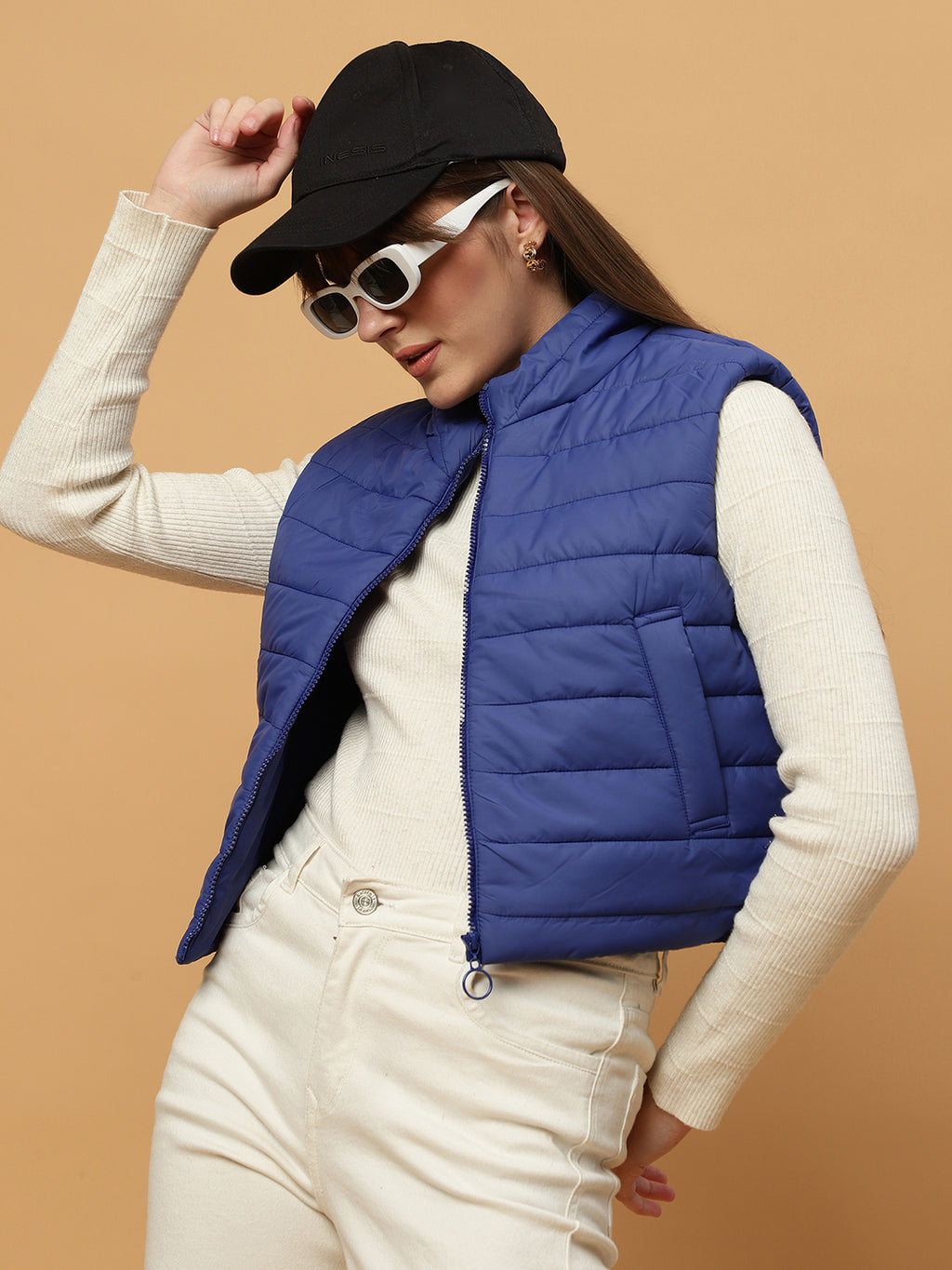 Beatnik Casual Wear Stand Collar Sleeveless Quilting Hip Length Royal Blue Jacket Beatnik India