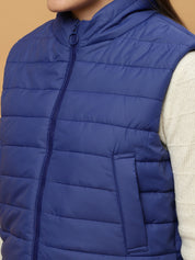 Beatnik Casual Wear Stand Collar Sleeveless Quilting Hip Length Royal Blue Jacket Beatnik India