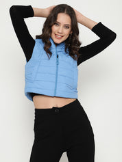 Beatnik Casual Wear Stand Collar Sleeveless Quilting Hip Length Sky Blue Jacket Beatnik India