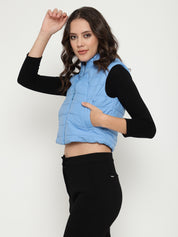 Beatnik Casual Wear Stand Collar Sleeveless Quilting Hip Length Sky Blue Jacket Beatnik India