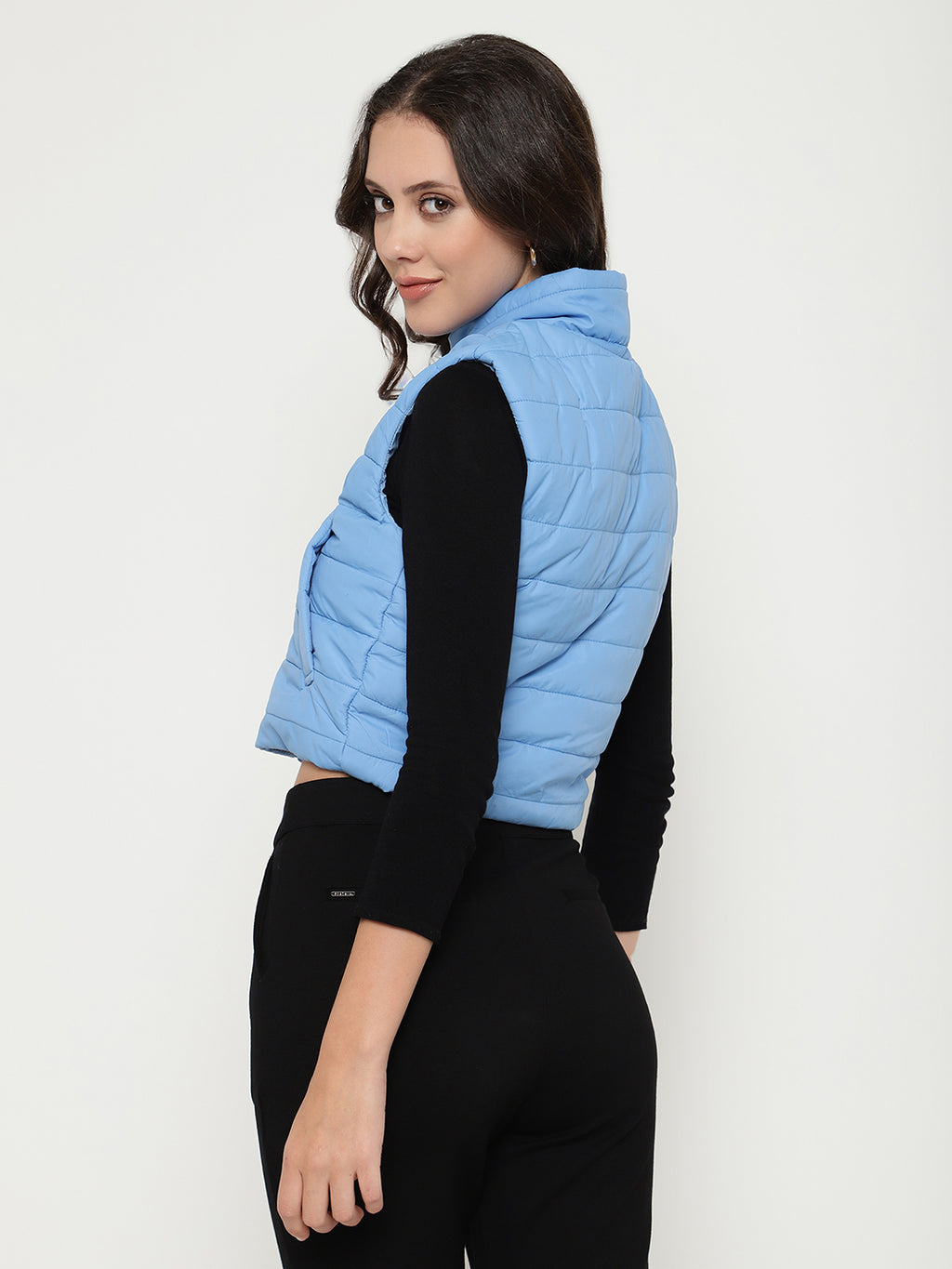 Beatnik Casual Wear Stand Collar Sleeveless Quilting Hip Length Sky Blue Jacket Beatnik India