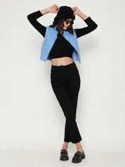 Beatnik Casual Wear Stand Collar Sleeveless Quilting Hip Length Sky Blue Jacket Beatnik India