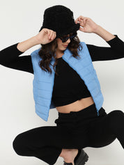 Beatnik Casual Wear Stand Collar Sleeveless Quilting Hip Length Sky Blue Jacket Beatnik India