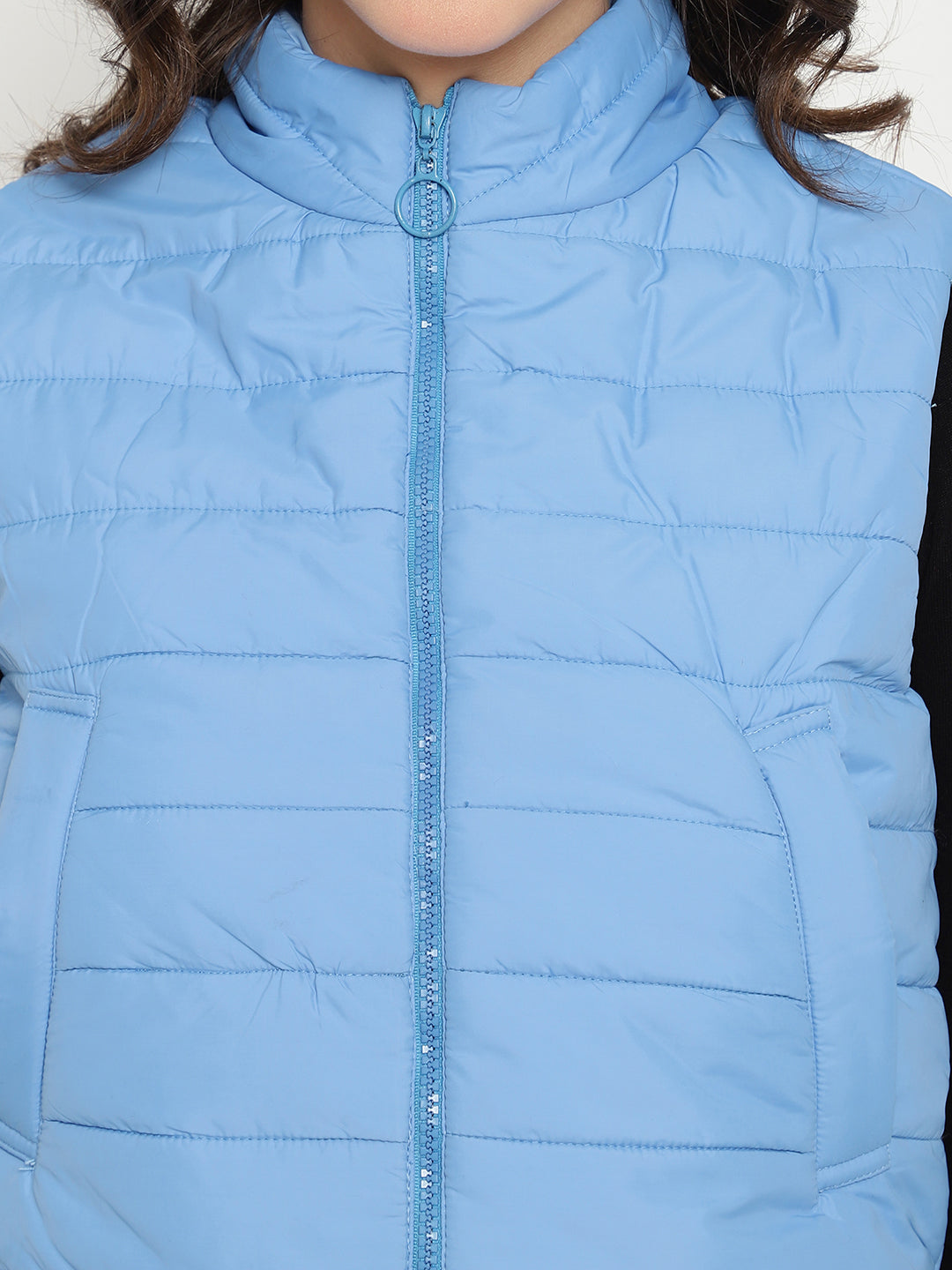 Beatnik Casual Wear Stand Collar Sleeveless Quilting Hip Length Sky Blue Jacket Beatnik India