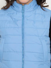 Beatnik Casual Wear Stand Collar Sleeveless Quilting Hip Length Sky Blue Jacket Beatnik India