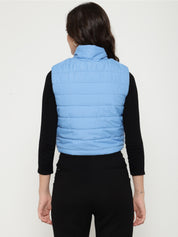Beatnik Casual Wear Stand Collar Sleeveless Quilting Hip Length Sky Blue Jacket Beatnik India