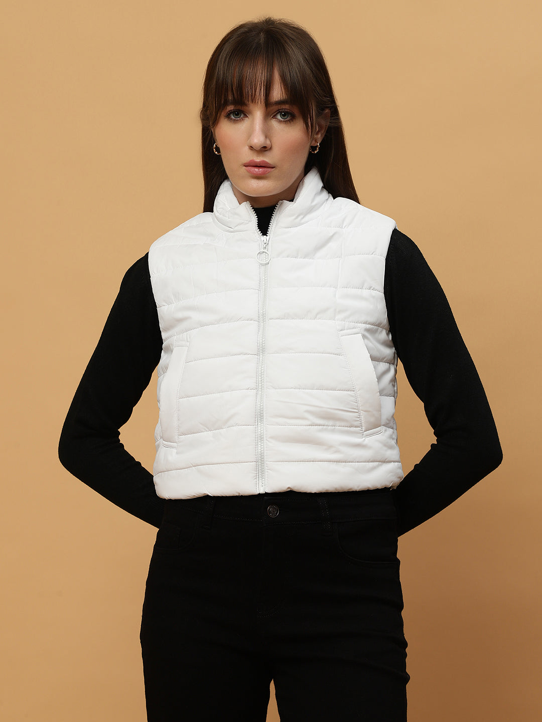 Beatnik Casual Wear Stand Collar Sleeveless Quilting Hip Length White Jacket Beatnik India