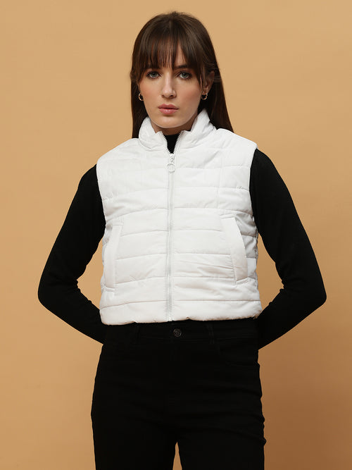 Beatnik Casual Wear Stand Collar Sleeveless Quilting Hip Length White Jacket Beatnik India