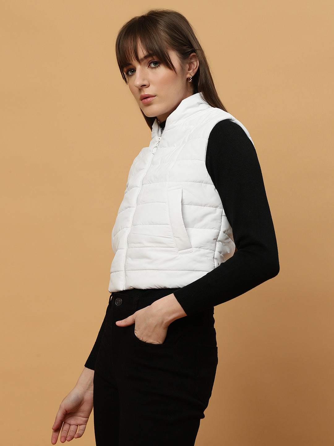 Beatnik Casual Wear Stand Collar Sleeveless Quilting Hip Length White Jacket Beatnik India