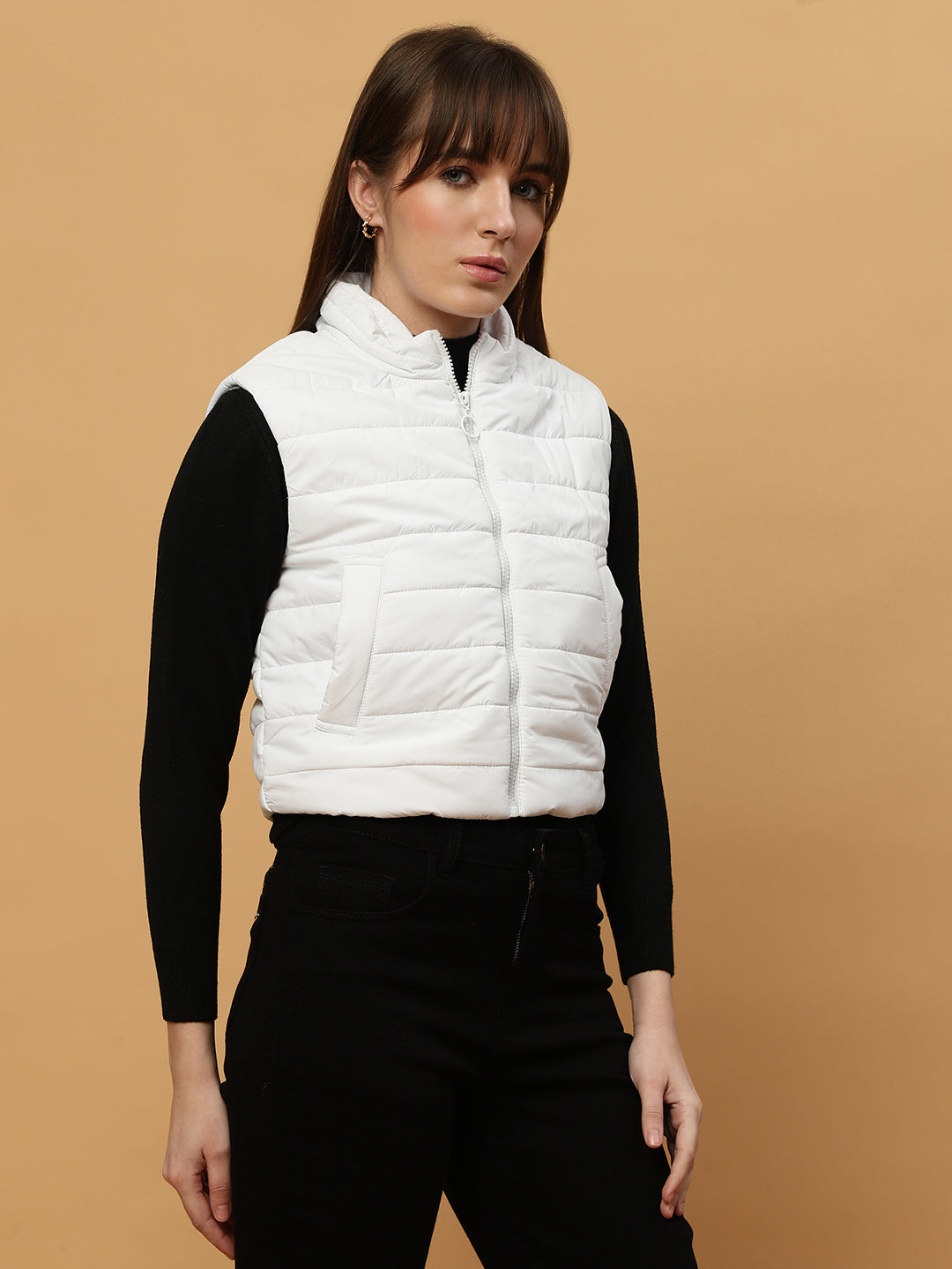 Beatnik Casual Wear Stand Collar Sleeveless Quilting Hip Length White Jacket Beatnik India