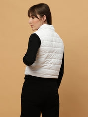 Beatnik Casual Wear Stand Collar Sleeveless Quilting Hip Length White Jacket Beatnik India