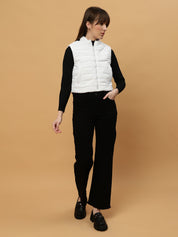 Beatnik Casual Wear Stand Collar Sleeveless Quilting Hip Length White Jacket Beatnik India