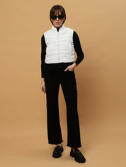 Beatnik Casual Wear Stand Collar Sleeveless Quilting Hip Length White Jacket Beatnik India