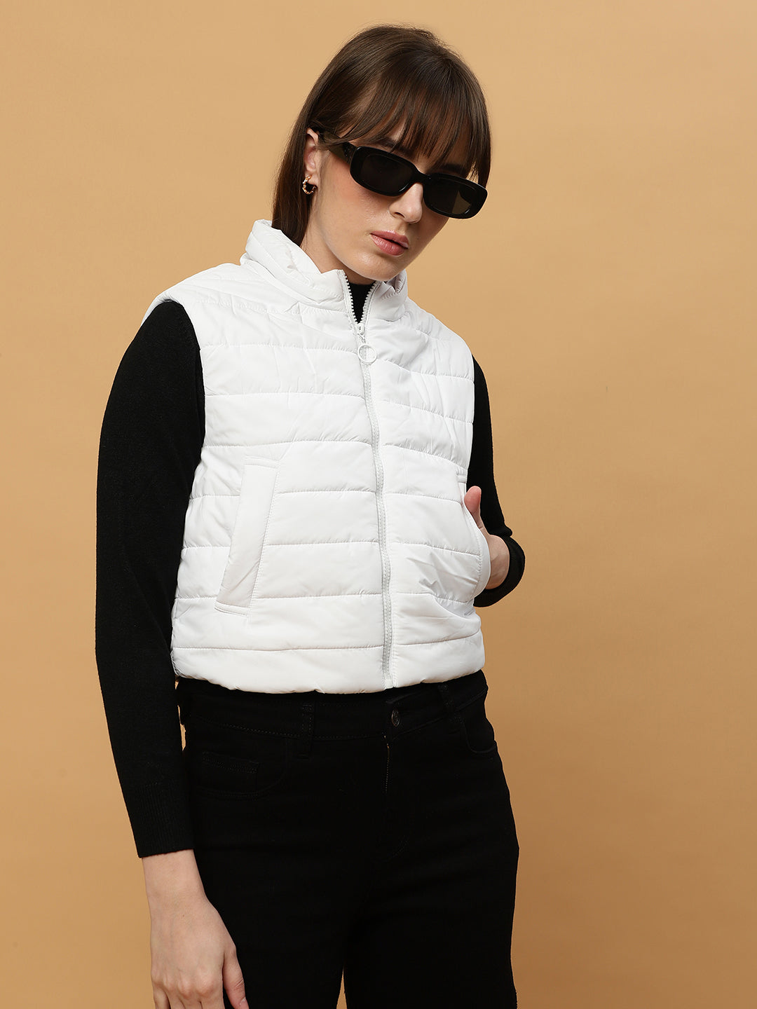Beatnik Casual Wear Stand Collar Sleeveless Quilting Hip Length White Jacket Beatnik India
