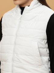 Beatnik Casual Wear Stand Collar Sleeveless Quilting Hip Length White Jacket Beatnik India