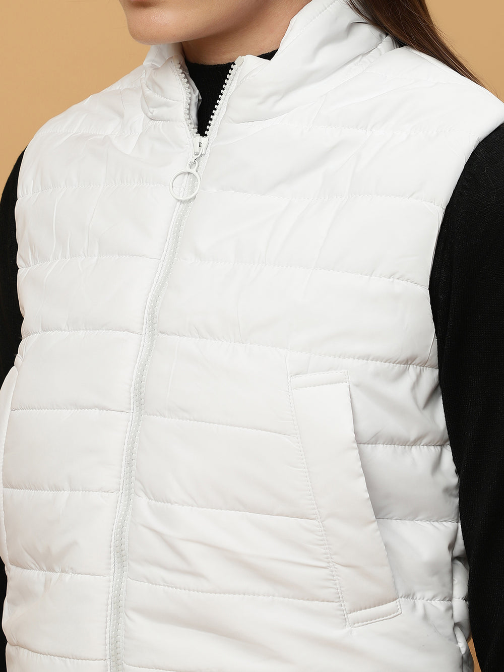 Beatnik Casual Wear Stand Collar Sleeveless Quilting Hip Length White Jacket Beatnik India