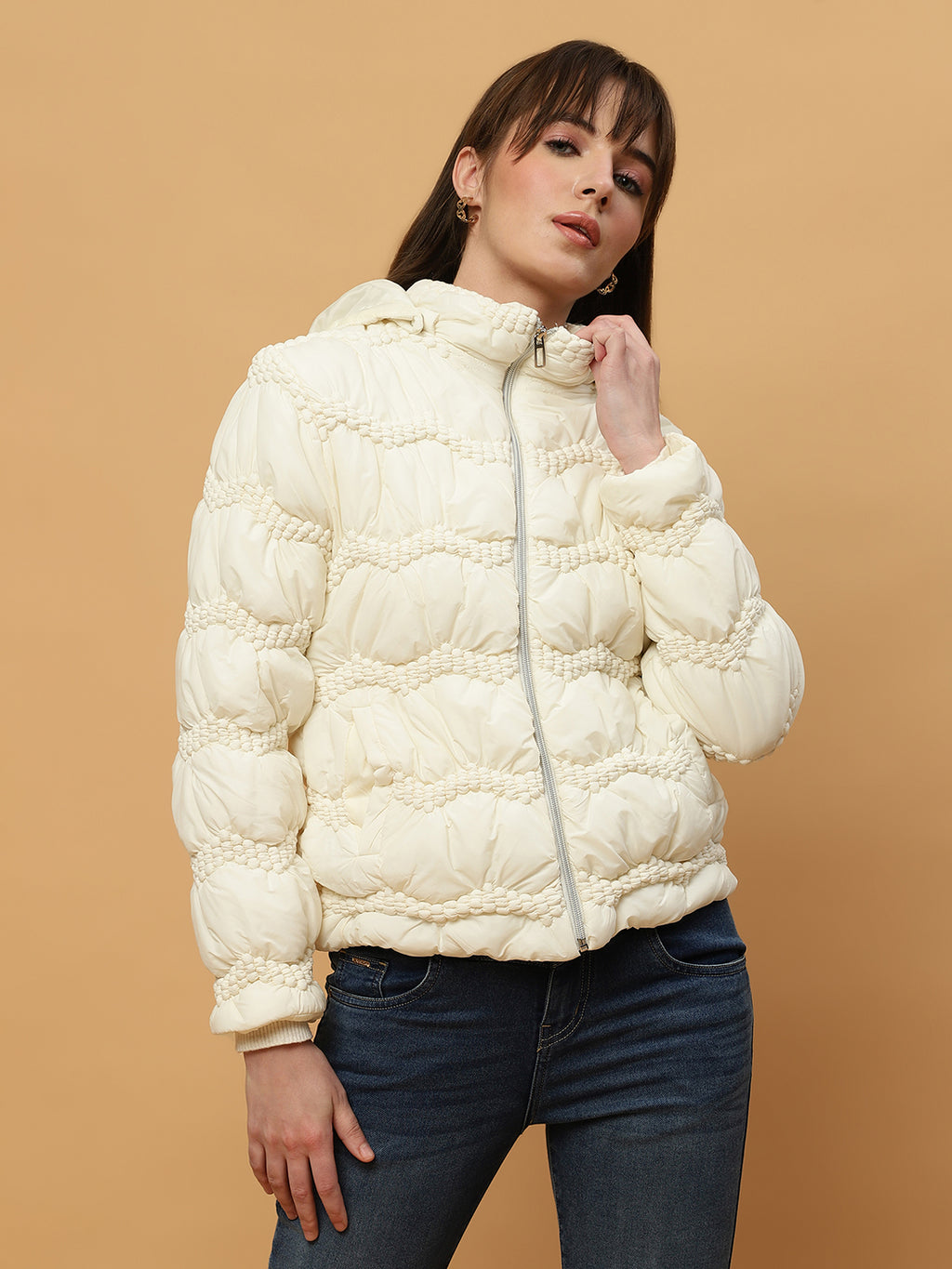 Beatnik Casual Wear Hooded Sleeve Puffer Hip Length Off White Jacket Beatnik India