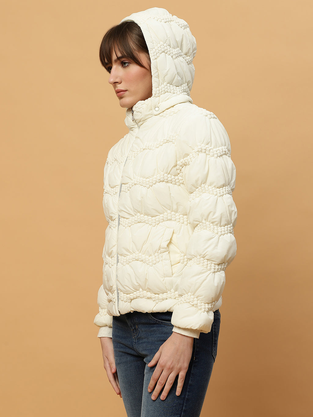 Beatnik Casual Wear Hooded Sleeve Puffer Hip Length Off White Jacket Beatnik India