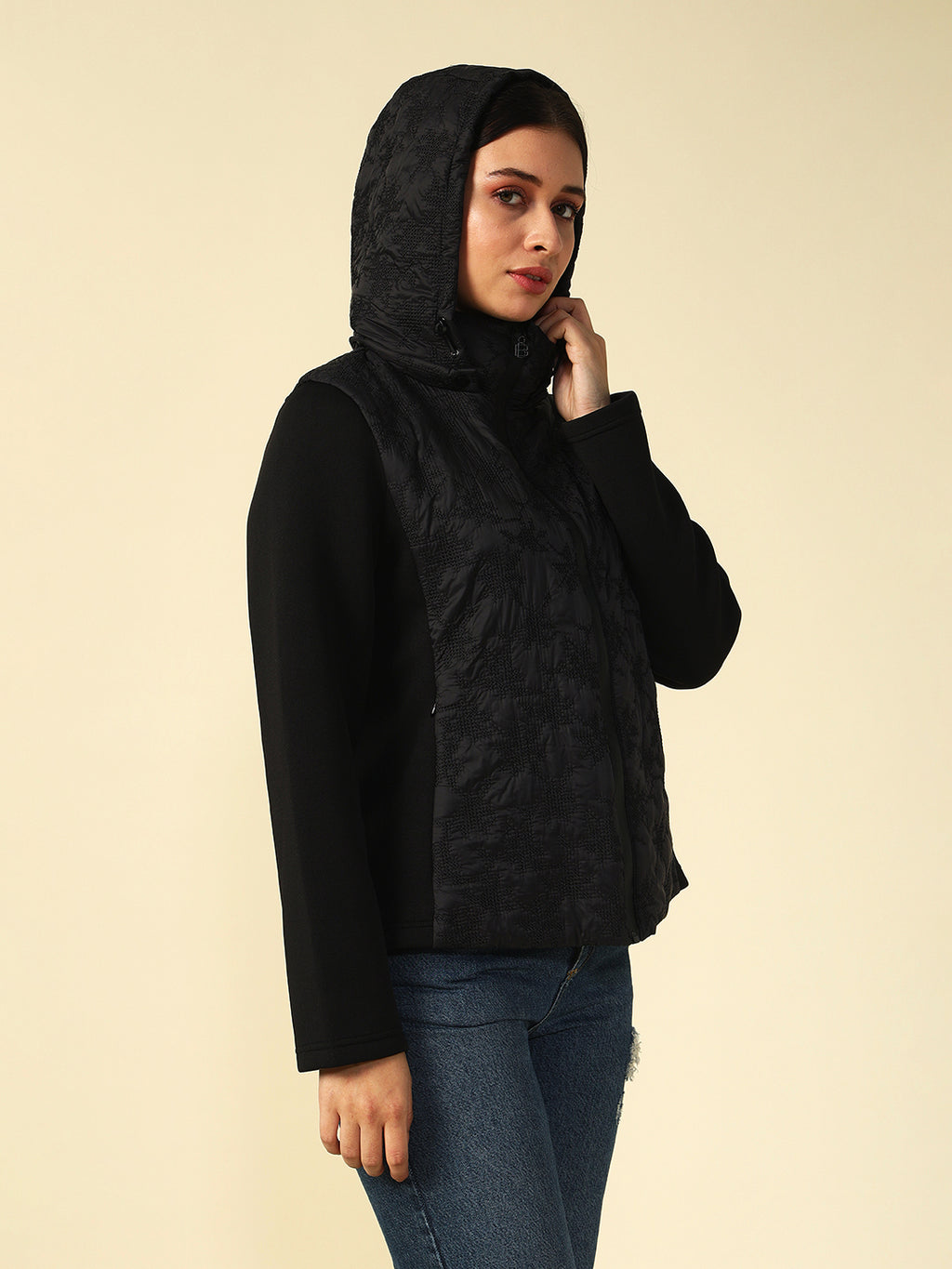 Black Puffer Detachable Hood Full Sleeve Jacket