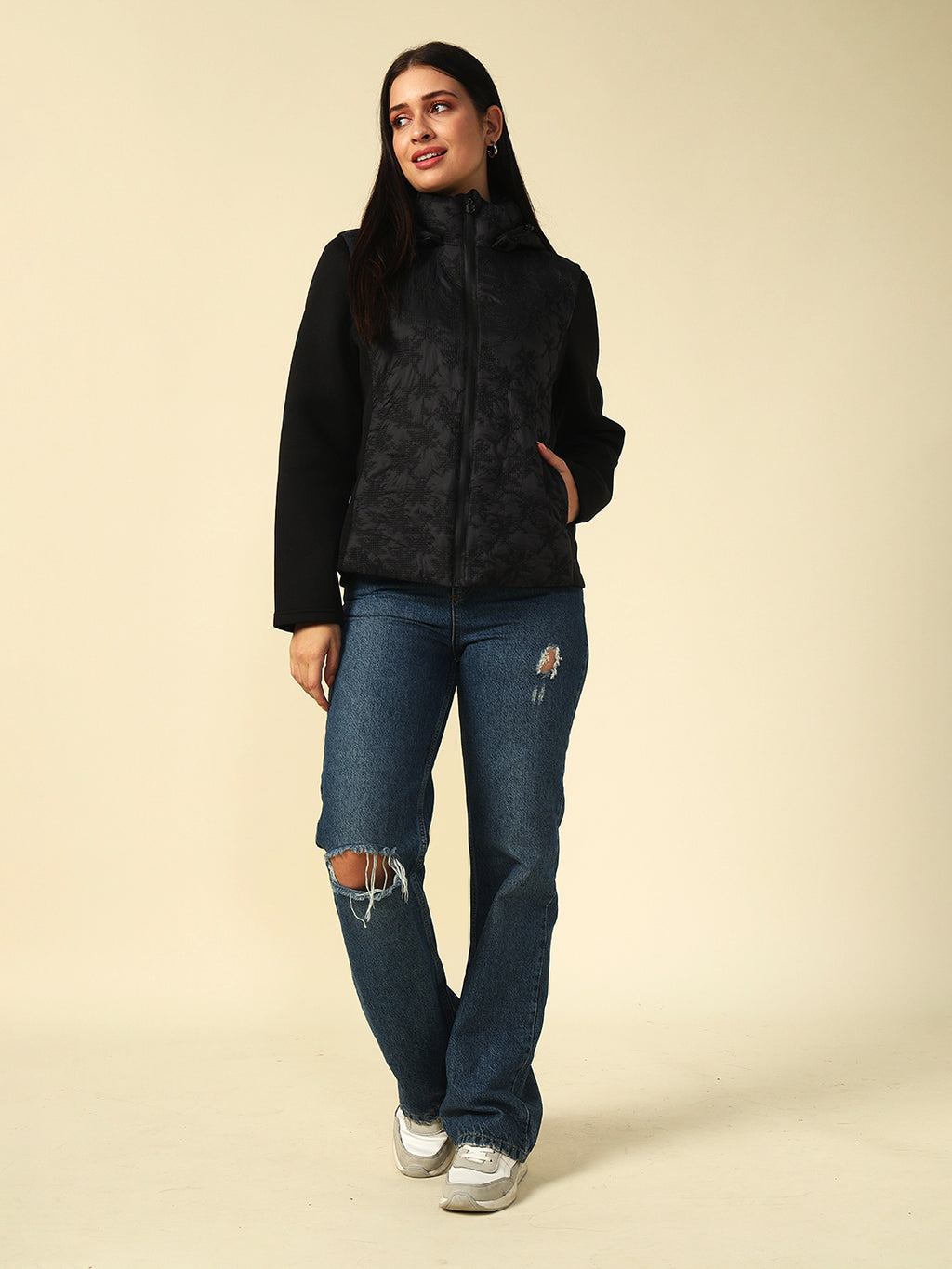 Black Puffer Detachable Hood Full Sleeve Jacket
